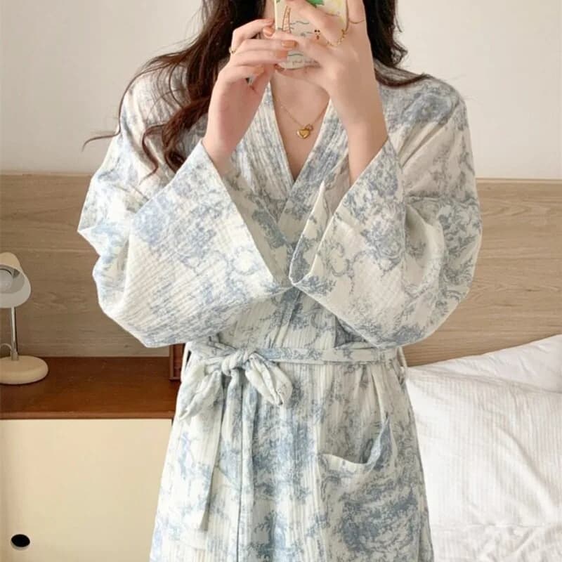 New Women's Mid-Length Spring/Fall Nightgown: Sweet-Style Morning Gown, Luxurious Floral-Print Tie-Front Bathrobe, Plus Size