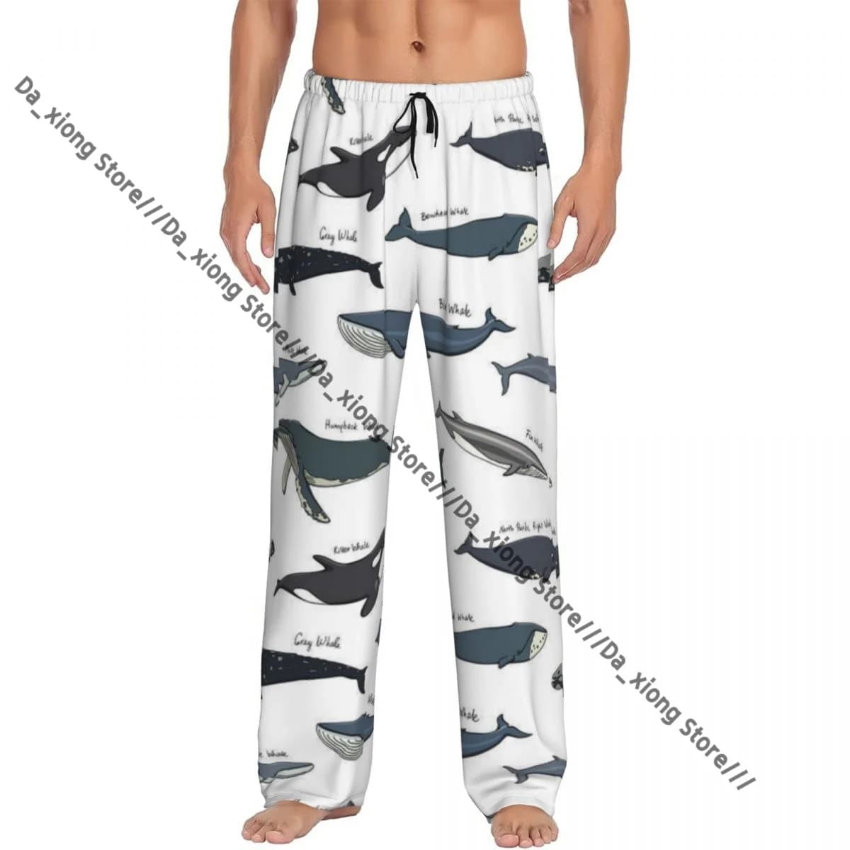 Pantaloni lunghi da pigiama casual da uomo, cintura elastica ampia, modello di balena disegnato a mano, comodi pantaloni da notte per la casa