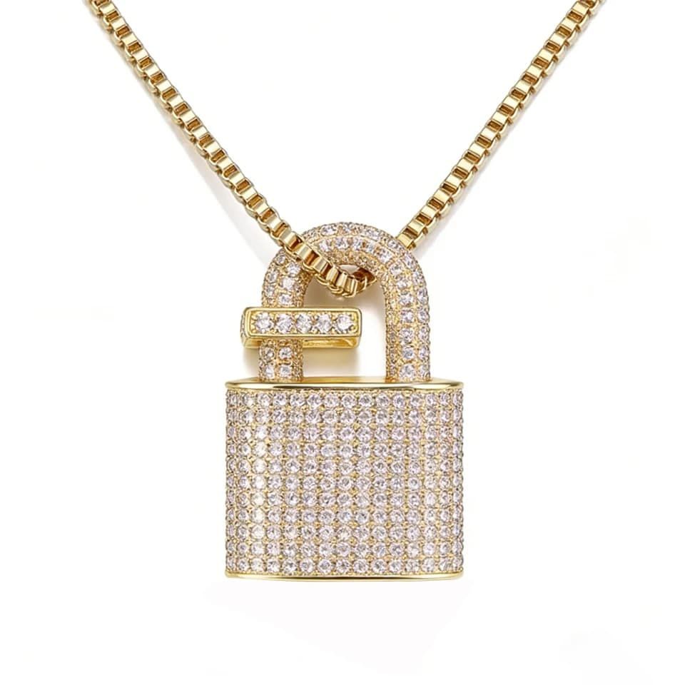 VANAXIN Collana con ciondolo con lucchetto ghiacciato per uomo donna Gioielli con catene di zirconi placcati in oro 14k