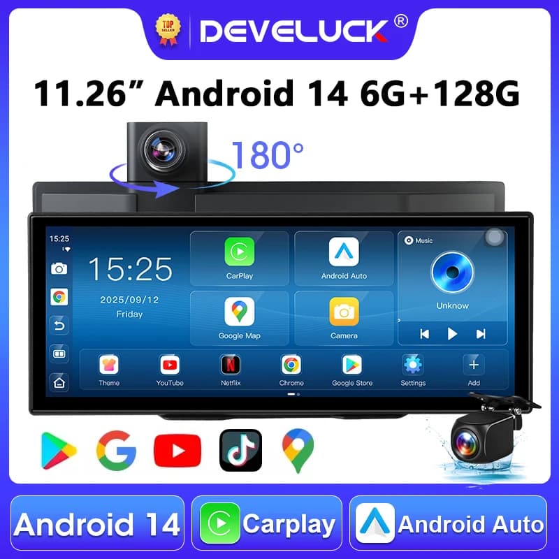 Smart Car Screen Android 14 from 11,26 Inch, 6+128G, Dashcam 8 Core, WIFI, CarPlay Wireless, Android Auto, Screen Divided, DVR Car Double Lenten