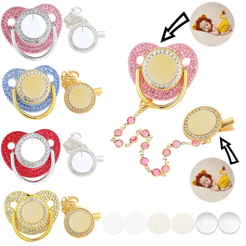Personalizzazione Ciuccio per bambini Clip per ciuccio vuoto con strass di lusso Catena per sublimazione Ciuccio per neonati Regali per baby shower