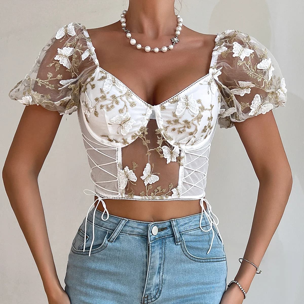 V Neck Shirt Mesh Short Sleeve Crop Top Women Embroidered ButterflyT-shirt Backless Tank Top Slim Crop Top Fashion Tee Shirt Y2k
