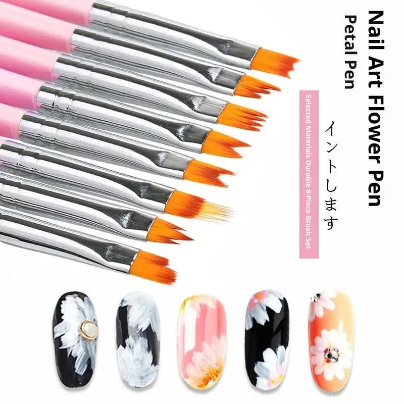 Set di 8 Pennelli Obliqui Sfumati per Nail Art, Pennello Multifunzionale a Dente di Sega per Disegno Floreale, Pennello per Gel Unghie a Forma di Petalo Misto