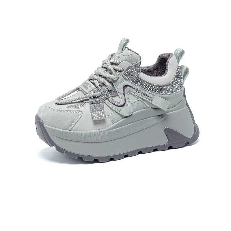 Sneakers Chunky da 8cm per Donne, Scarpe Comode da Passeggio in Vera Pelle, Scarpe con Zeppa per Uso Quotidiano e Ufficio