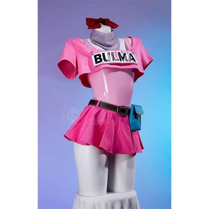Top rosa in pelle PU tuta gonne copricapo sciarpa viola borsa da cintura set completo per costume cosplay bulma di Halloween da donna