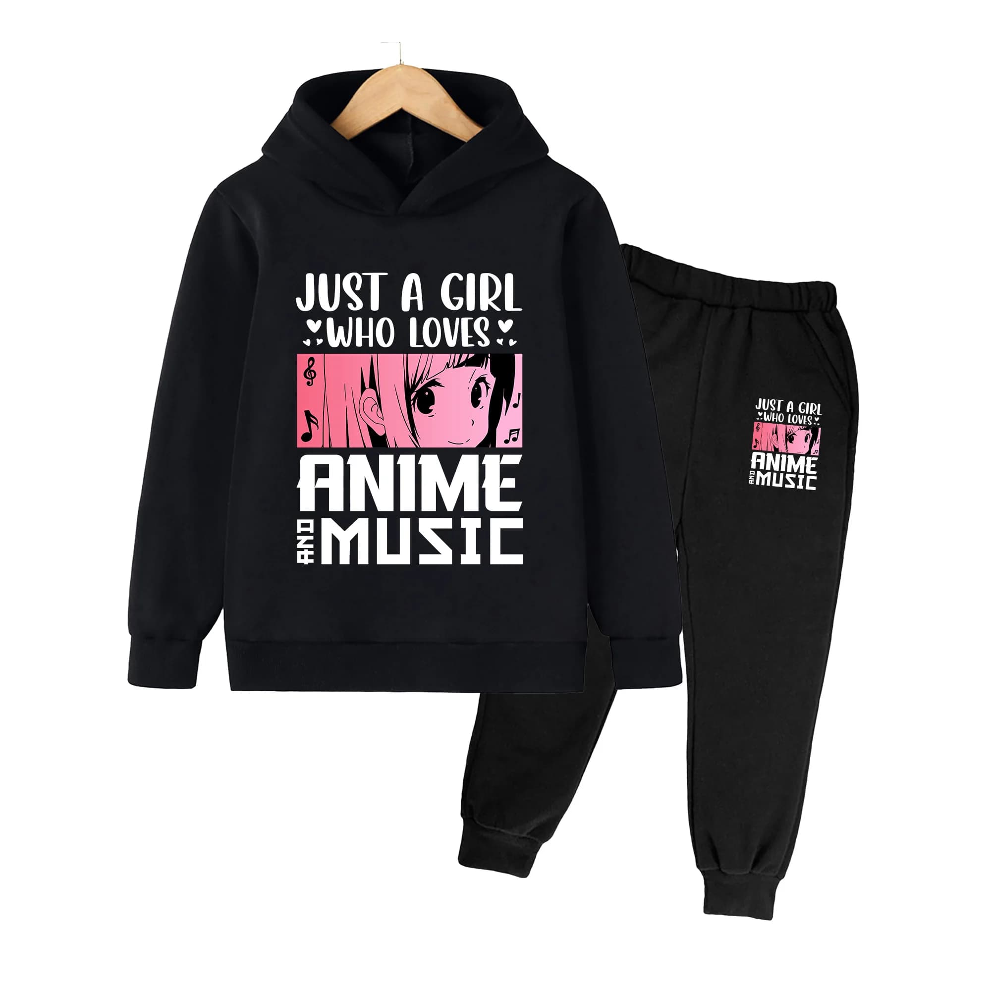 Kids Anime Style Hoodie and Pants Set, Pink Cartoon Face Print, Casual Loungewear for Boys & Girls