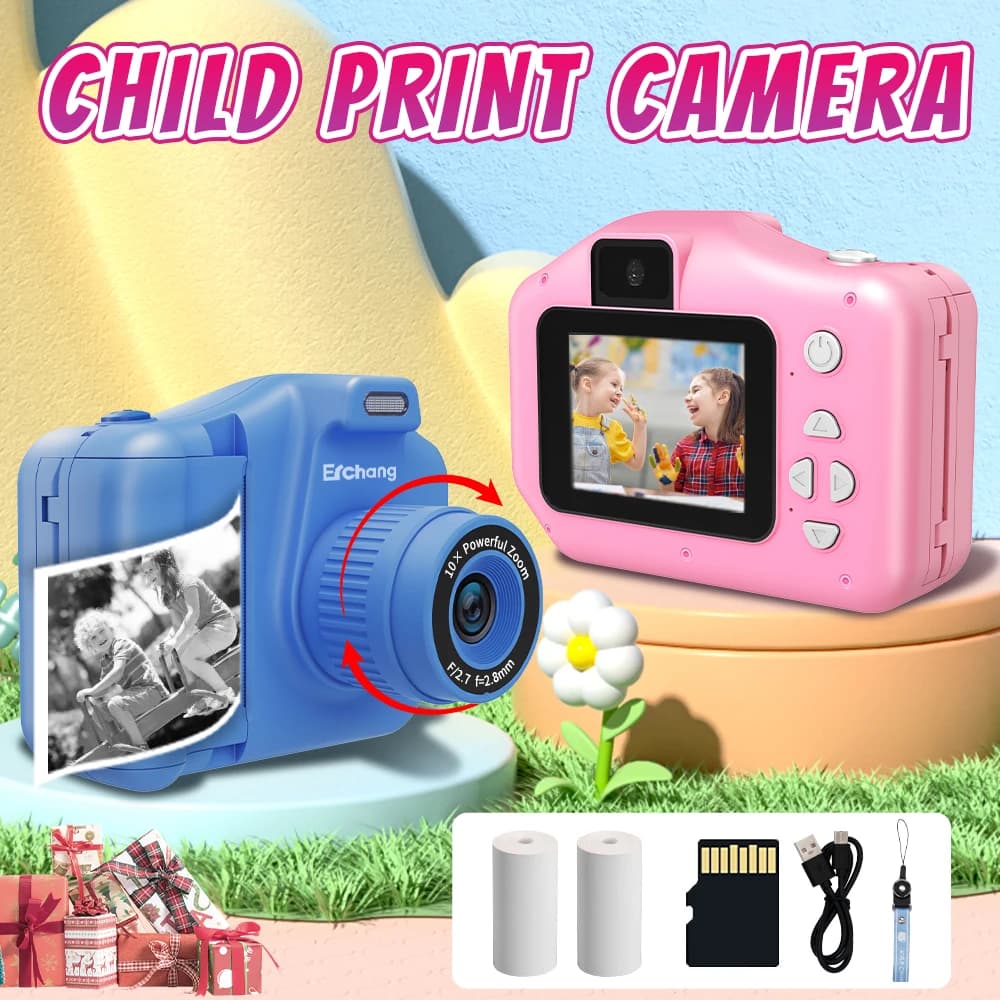 Nuovi bambini Fotocamera con stampa istantanea Zoom digitale 10x Fotocamera digitale per bambini Fotocamera per bambini per ragazza Video Regalo di compleanno per ragazzo