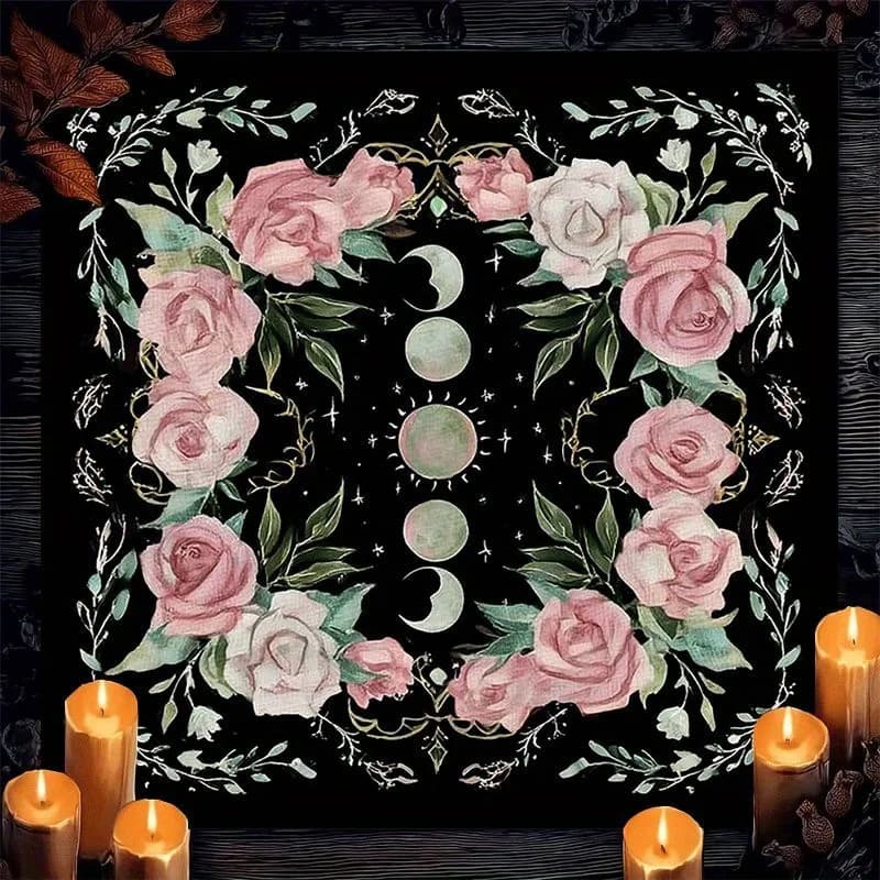Tovaglia romantica per tarocchi con fasi lunari e rosa, panno per altare, per divinazione, predizione del futuro, giochi di carte, forniture per feste, a tema magico