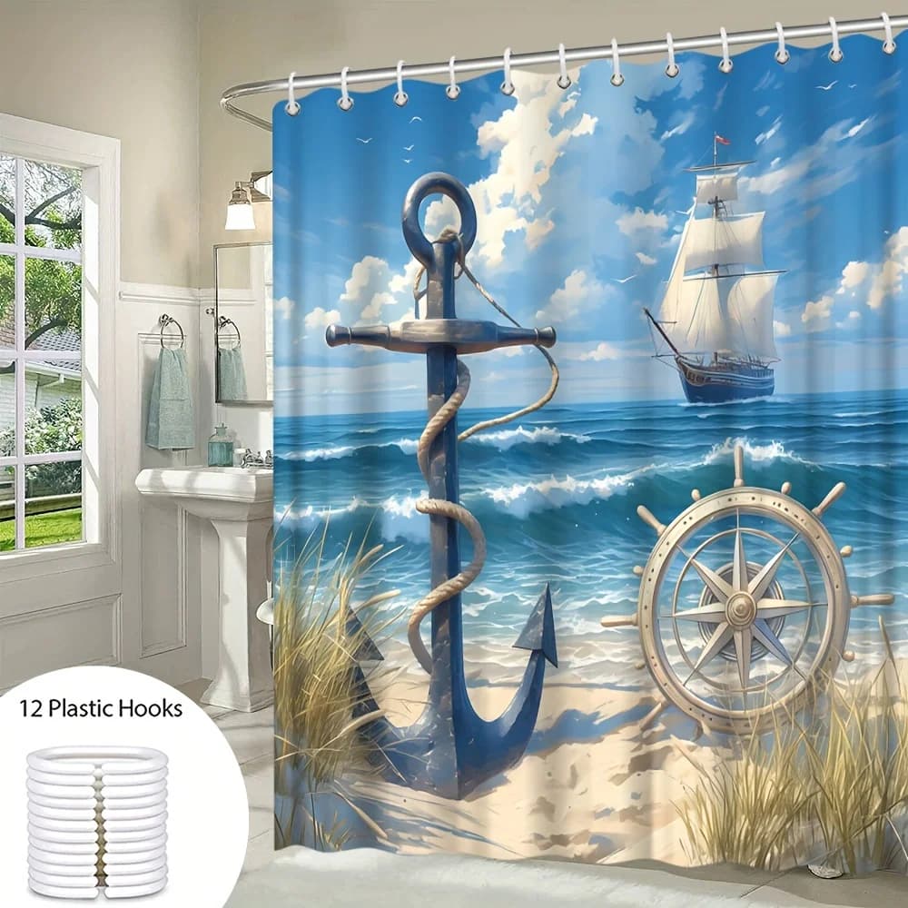 "Tenda da doccia nautica sul mare" - Decorazione per il bagno costiero, perfetta per che amano l'oceano e i disegni ispirati alla vela"