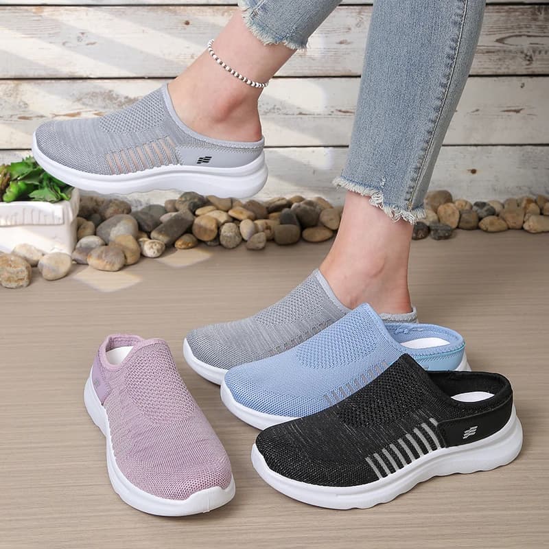 Women's Open Heel Slip-On Shoes, Hollow Vertical Striped Knit Mesh Upper, Wavy Contour Thick Sole Rear Cutout Walking Footwear