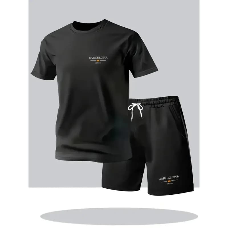 New summer sportswear for men, set two pieces with short sleeve t-shirts and shorts, casual wear breathable and fast drying.