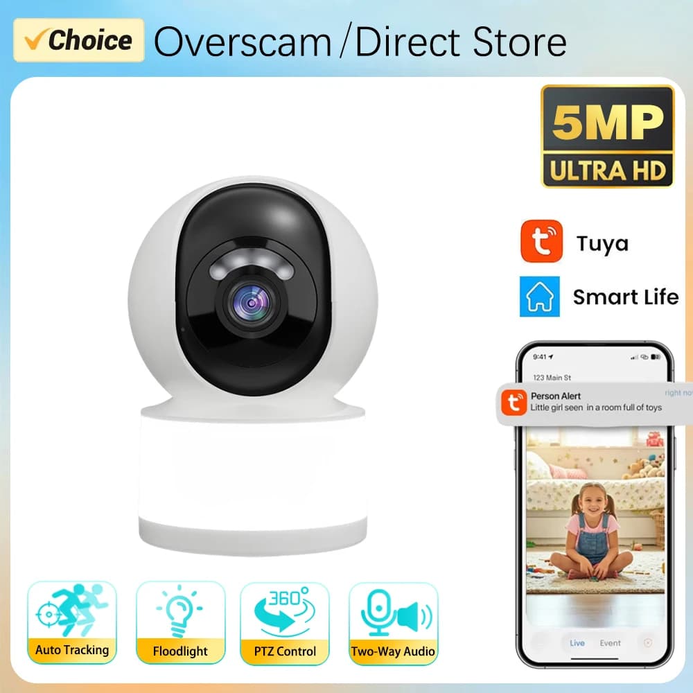 Telecamera Interna Tuya Smartlife 5MP con Visione Notturna a Colori, Luce di Ricerca, Monitoraggio Wireless WiFi per Casa e Bambini, Tracciamento Automatico, Audio Bidirezionale