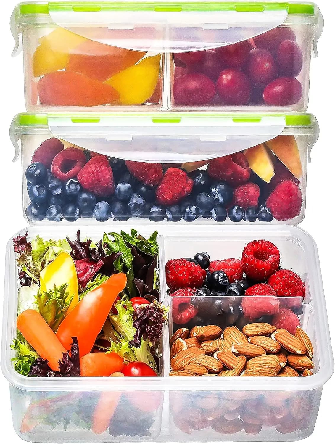 Set di 3 Contenitori Bento con 3 Scomparti - Contenitori per Preparazione Pasti con Coperchio Ermetico per Adulti e Bambini, Lavabili in Lavastoviglie e