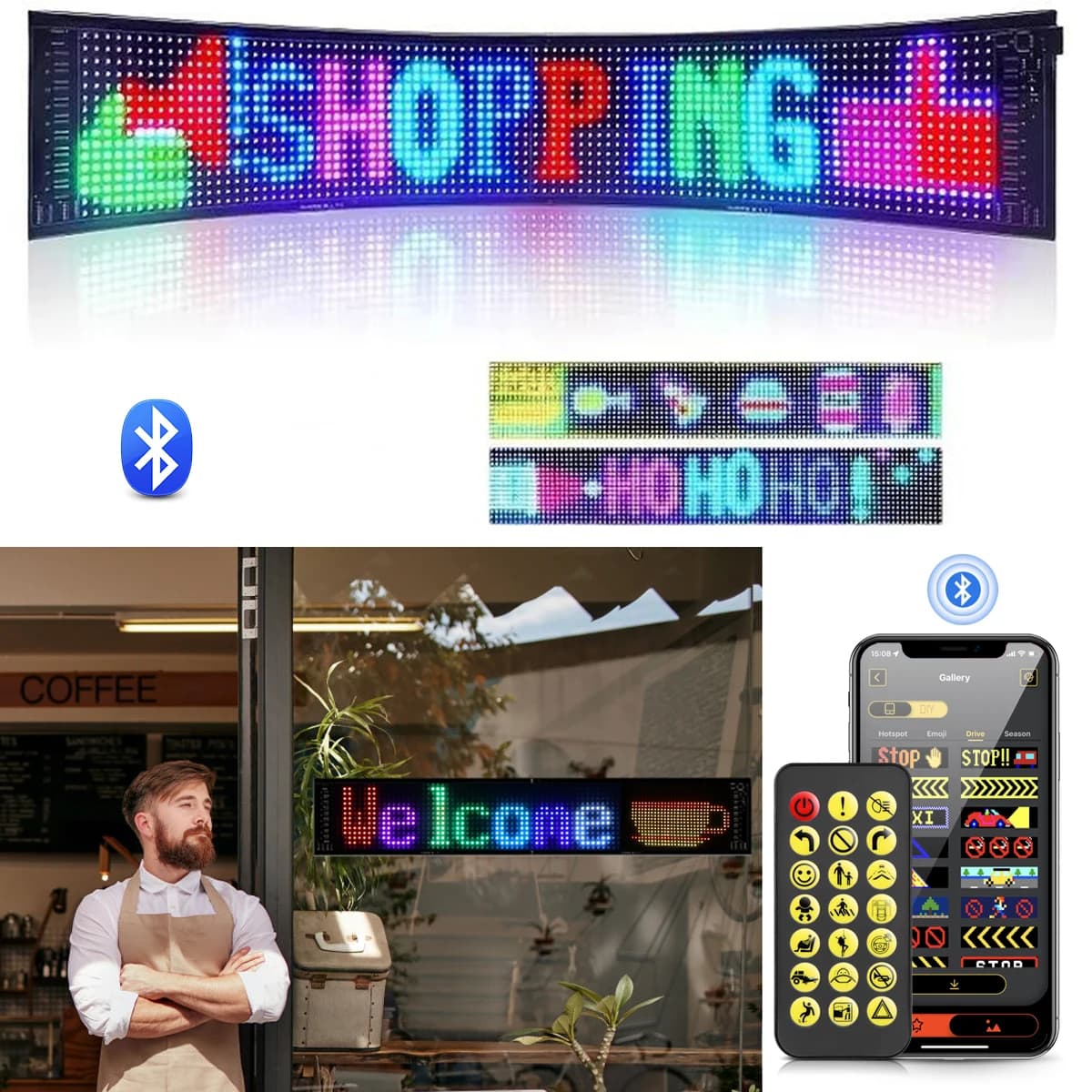 Pannello pixel a matrice LED, insegne LED pubblicitarie luminose a scorrimento, controllo app Bluetooth per cartello per auto LED flessibile USB 5V