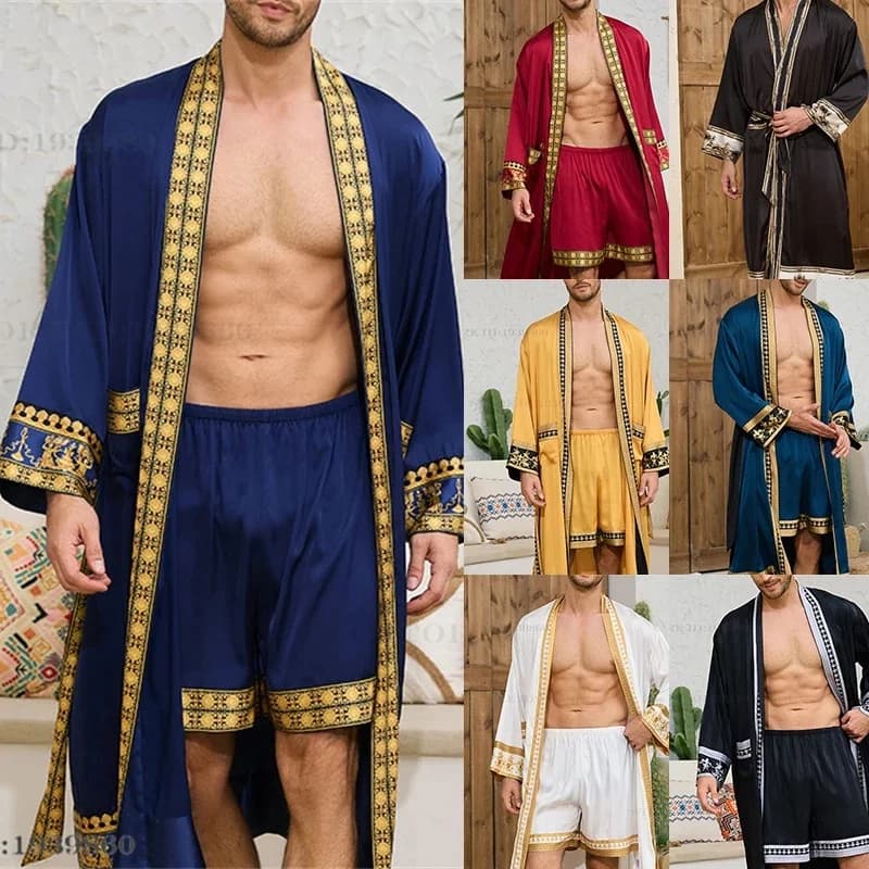 Spring Summer New Men Pajama 2PCS Robe Shorts Set Baroque Style Silk Satin Kimono Bathrobe Gown Loose Home Clothing Loungewear