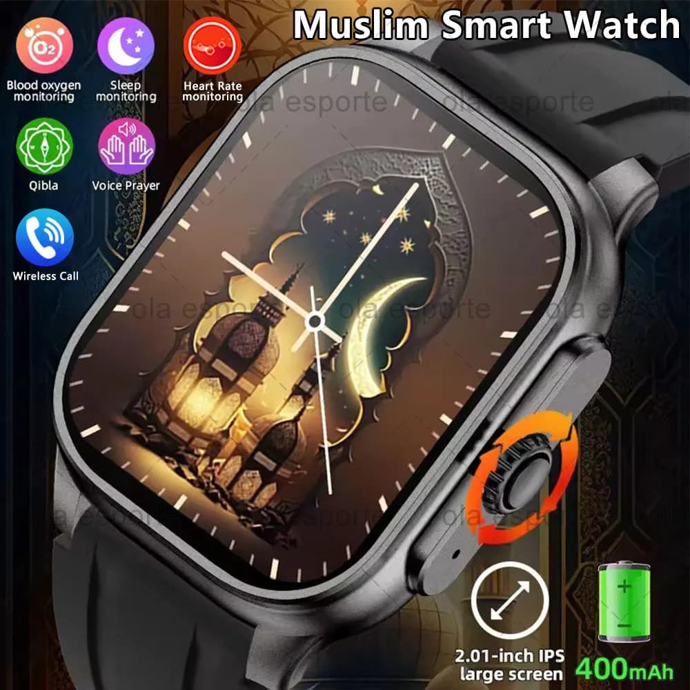 Orologio intelligente musulmano 2.01 "Orologio intelligente quadrato per uomo Monitoraggio della salute Orologio islamico al Corano Preghiera Bluetooth 5.3 Chiamate Smartwatch
