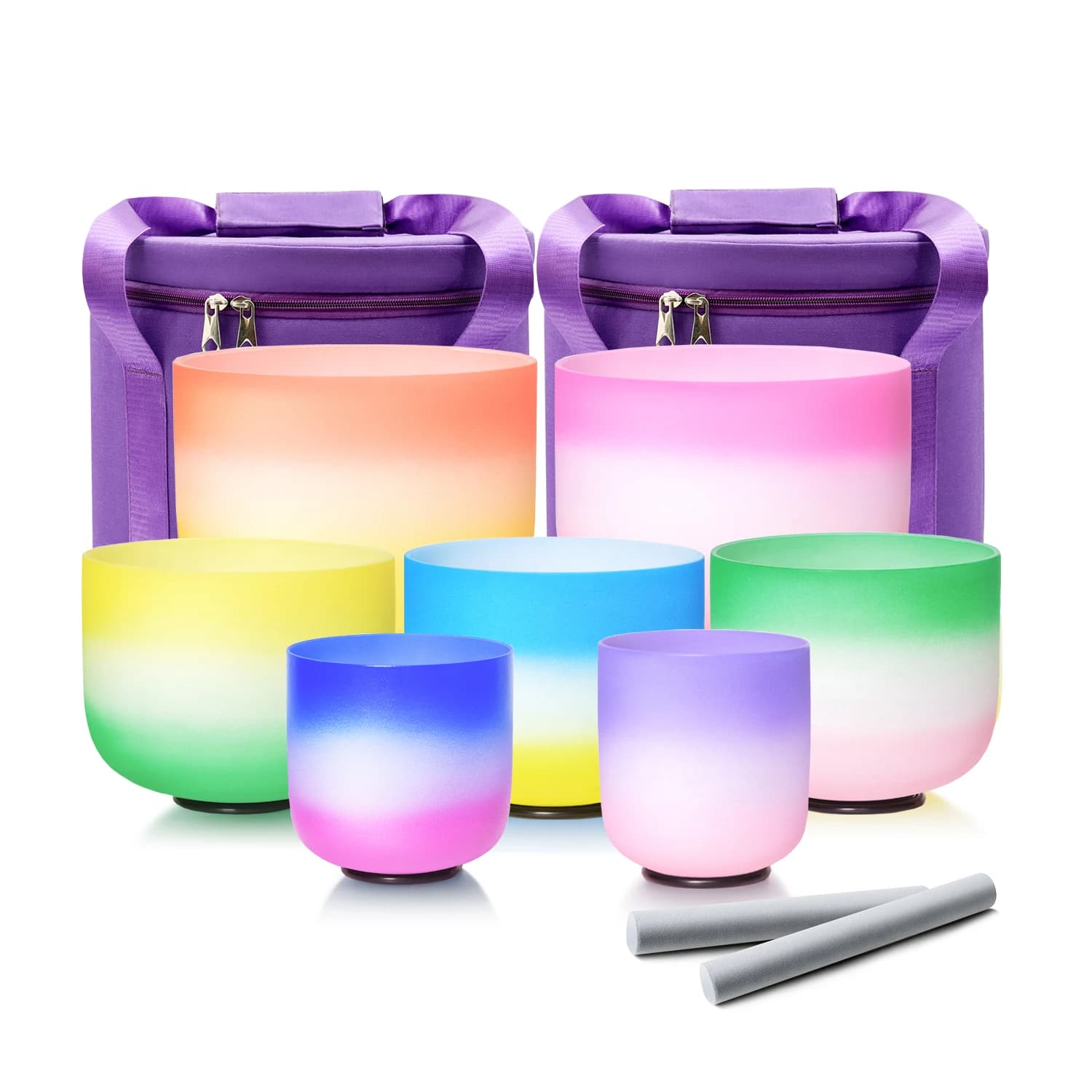 Hye-eun 7pcs Rainbow Aria Gradient Frosted Crystal Singing Bowl Chakra Set Quartz Sound Meditation Bowls for Sound Healing