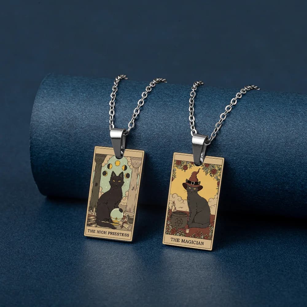 Nuovo gattino in acciaio inossidabile carta tarocchi gotica esoterismo collana gioielli collare gatto magico divinazione amuleto collane con ciondolo