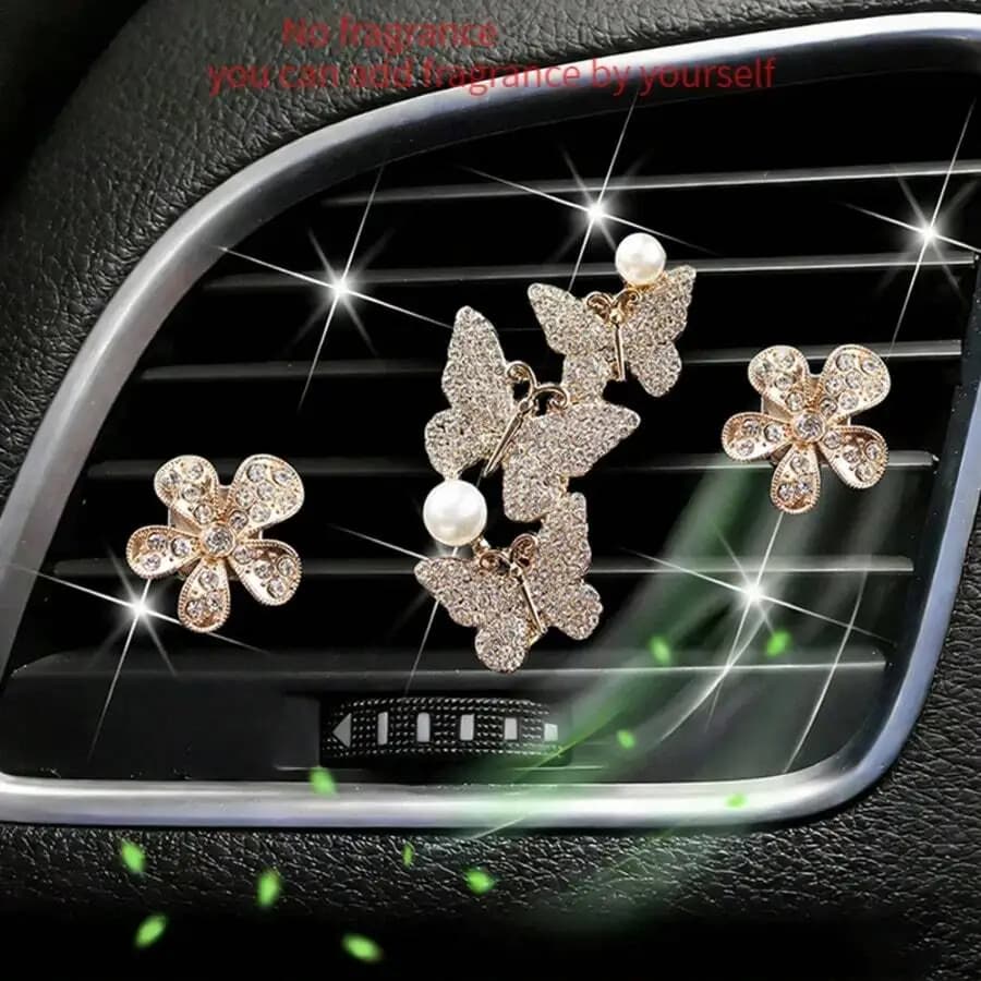 3pcs Rhinestone Butterfly And Flower Car Air Vent Clip Decor Accessory