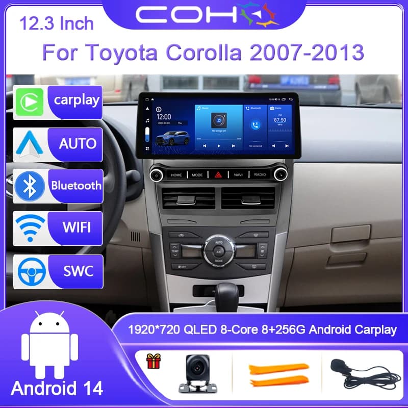 12.3 pollici Per Toyota Corolla 2007-2013 Android 14 8-Core 8G + 256G Auto Lettore Multimediale Ricevitore Stereo Radio GPS 4G WIFI QLED