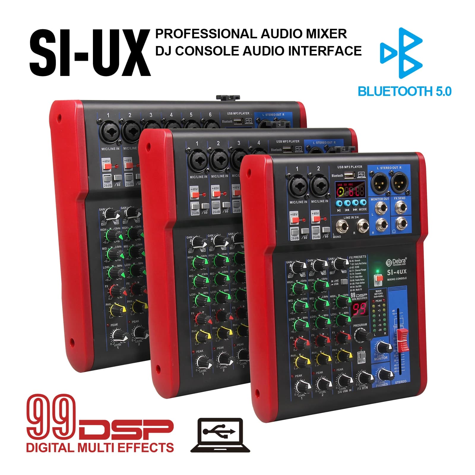 4 6 mixer audio portatile a 8 canali, 99 effetti digitali DSP, sintonizzatore USB Bluetooth 5.0 per console DJ, karaoke, festival musicali