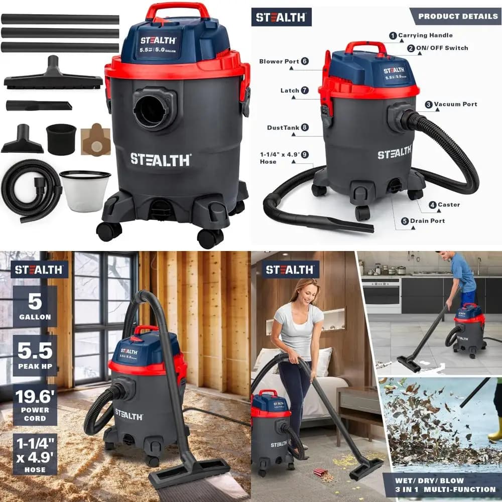 Aspirapolvere per negozi da 5 galloni con 5,5 Peak HP, ventilatore e porta di scarico per uso domestico, garage, auto e officina