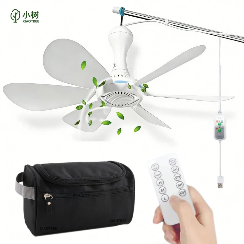 XIAOTREE Silent 6 Leaves USB Powered Ceiling Canopy Fan with Remote Control Timing 4 Speed Hanging Fan for Camping Tent Fan