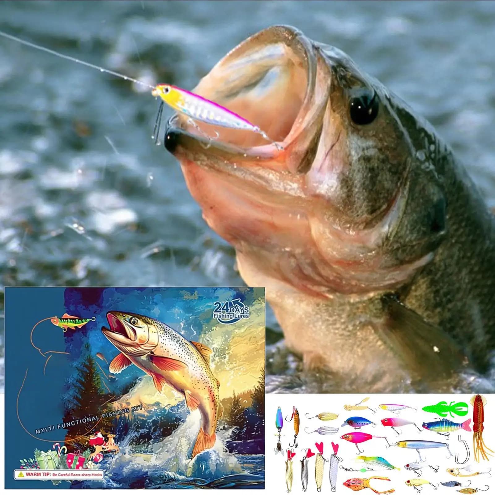 Kit di esche da pesca da 24 giorni Esca da pesca natalizia Calendario dell'Avvento Imbottiture per calze Bomboniere per feste Accessori per pesci
