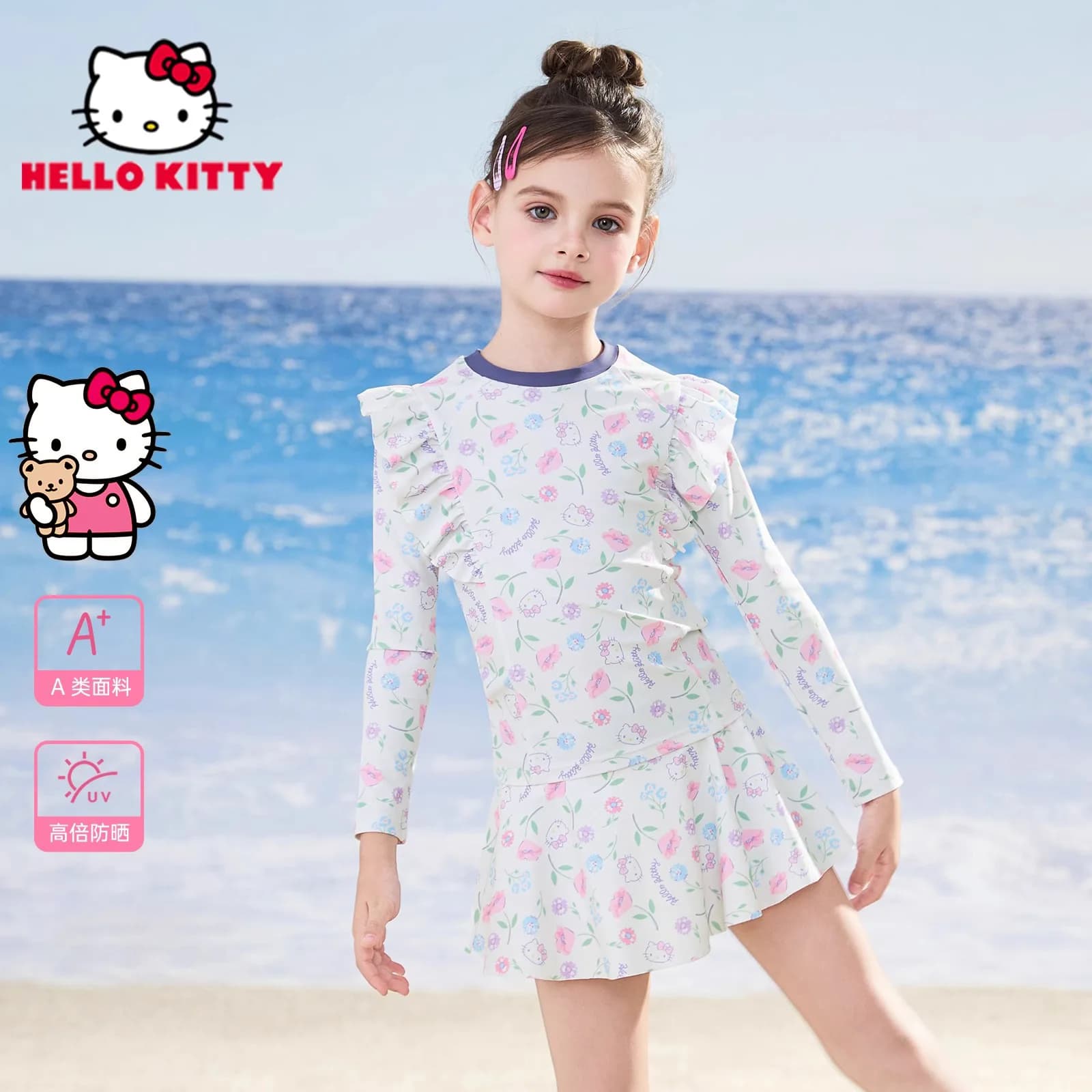 Costume da bagno Hello Kitty da 2 pezzi, a maniche lunghe, con bordo arricciato, protezione solare, stampa floreale, per bambini, spiaggia, piscina, costume estivo