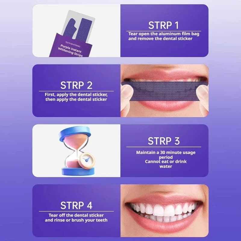 Strisce Sbiancanti per Denti V34 Viola, Delicate e Sicure per lo Smalto, Kit Sbiancante Domestico, Sbiancamento Istantaneo, Cura dei Denti, Rimozione delle Macchie, 14 Paia