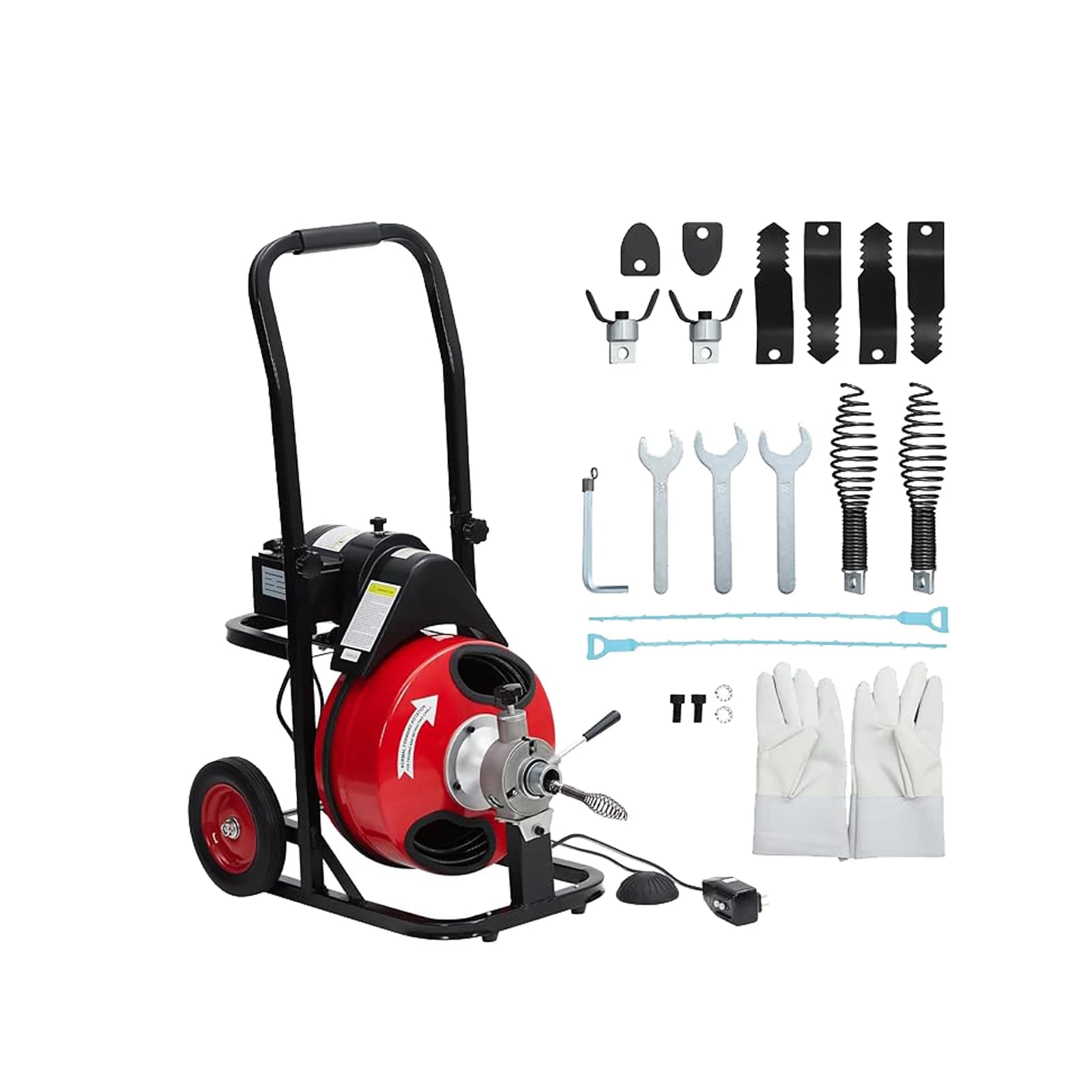 Macchina per la pulizia delle scarichi con alimentazione automatica, 75 piedi x 1/2 pollice, motore da 250W, spirale portatile per fognature e interruttore a pedale ad attivazione pneumatica