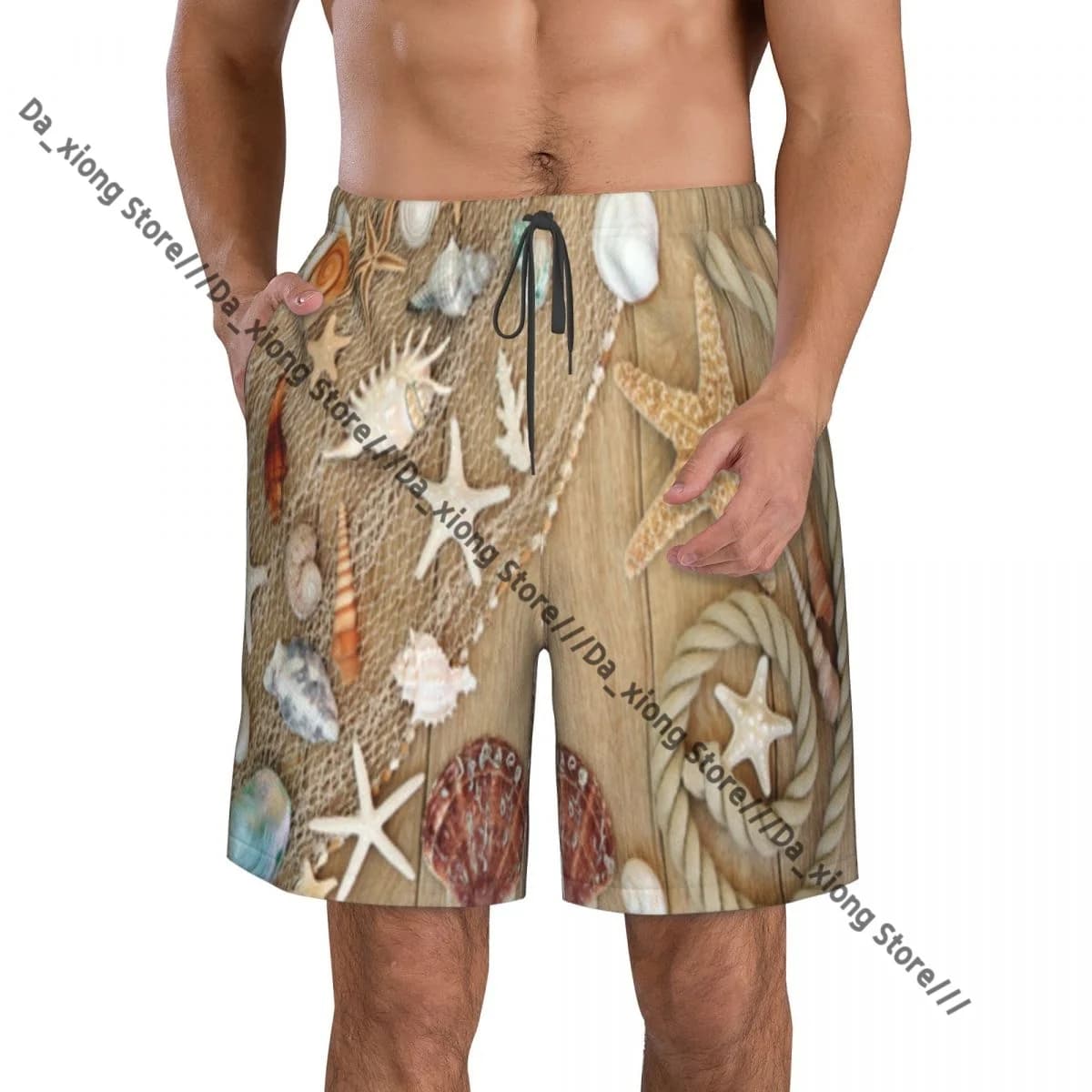 Costumi da bagno uomo Rete da pesca conchiglie di mare e corda su pantaloncini da bagno in legno di quercia vecchio Tronchi Pantaloncini da surf da spiaggia Costumi da bagno