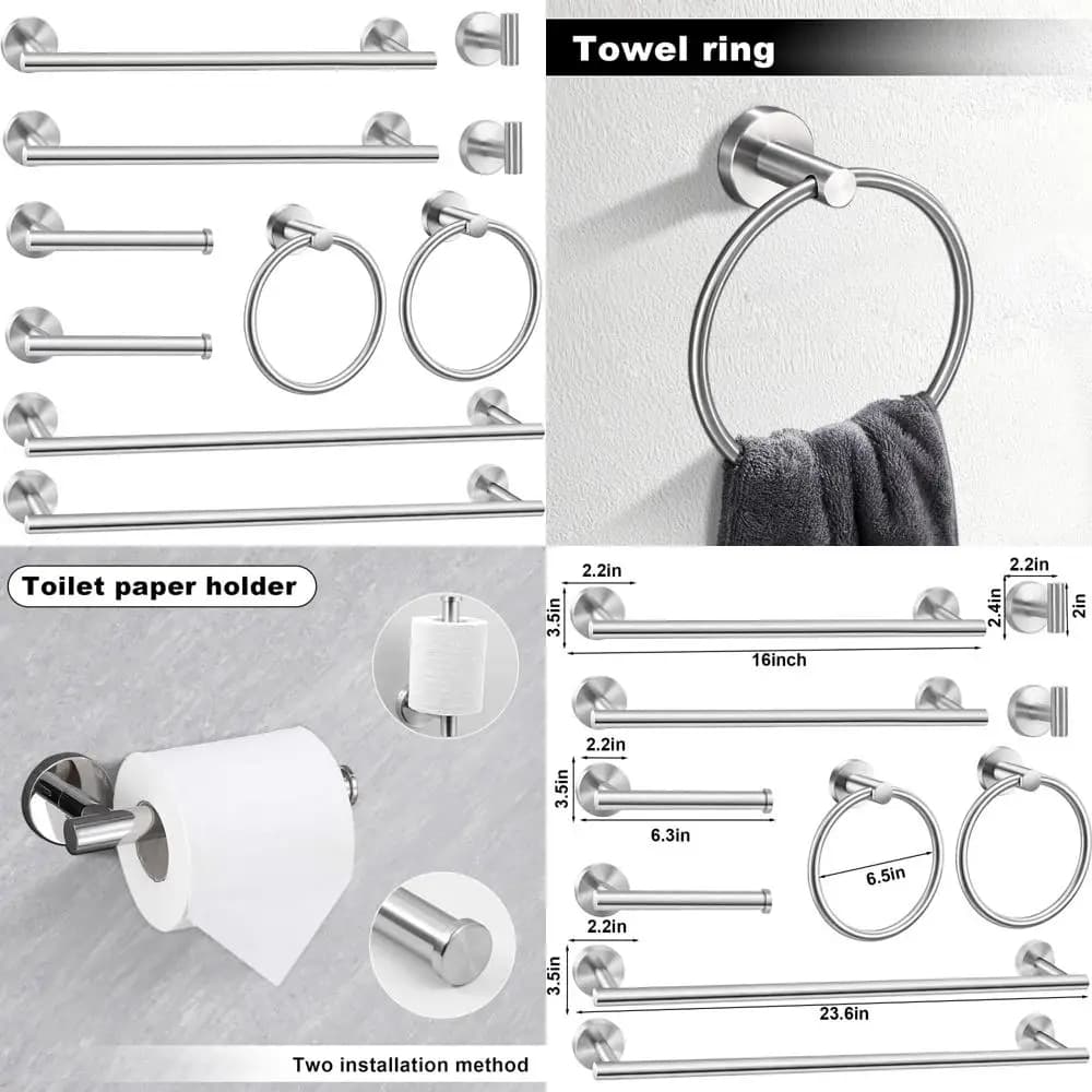 Bathroom accessories set with towel rack, hooks, rings and toilet paper holder - Brushed nickel finish