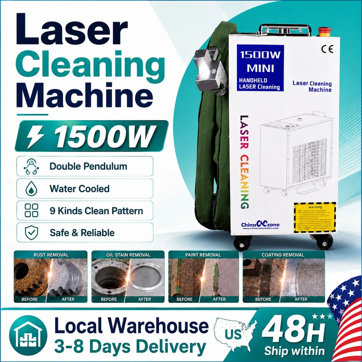 1500W Fiber Laser Cleaning Machine 1500W Laser Cleaner Double Pendulum Cleaning Head for Rust Oil Paint Removal for Metal Stone Surface Restoration 300x300MM Cleaning Width