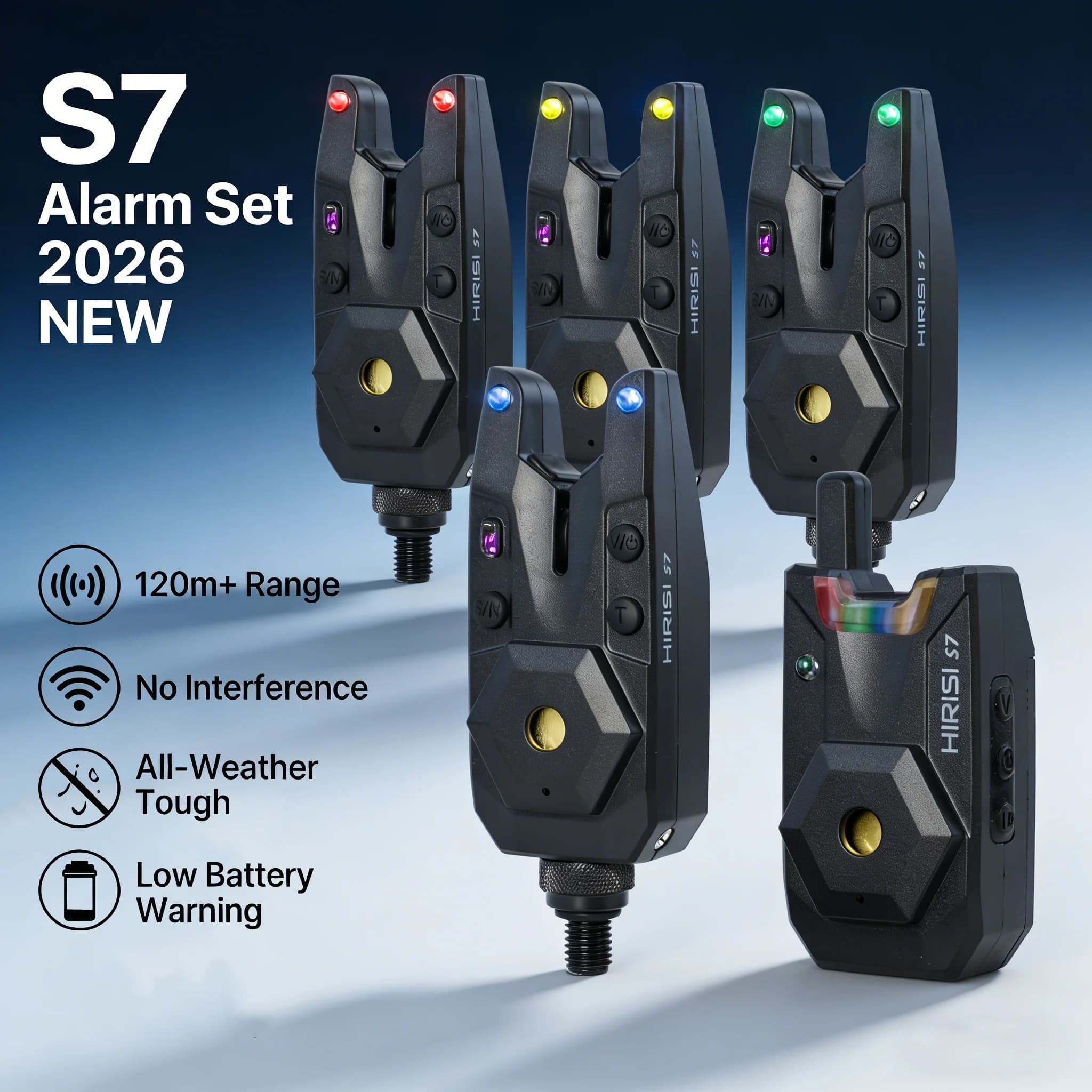 Set di Allarmi Wireless per Pesca alla Carpa Hirisi con Luce LED da Campeggio, Sistema di Allarme Impermeabile a Lungo Raggio 120m per Pesca Notturna S7
