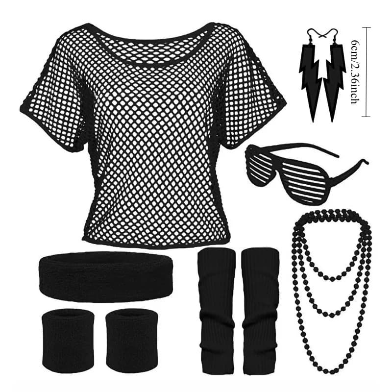 Set di 7 Pezzi per Festa a Tema Anni '70: Costume con Rete da Pesca, Orecchini, Collana, Braccialetti per Gambe e Polsi