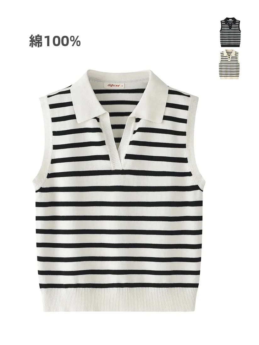 100% Pure Cotton Sleeveless Neck Striped Women's Sweater Casual Style Soft Cotton Fabric Regular Fit Outerwear Vest Jacket