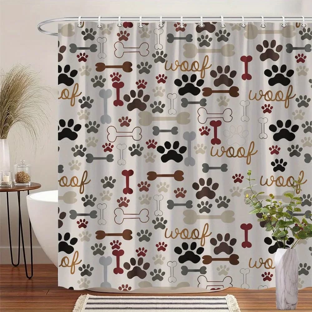 Tenda da doccia con stampa zampa di cane da 1 pezzo - Beige chiaro, poliestere, design tessuto alla moda, lavabile in lavatrice, decorazione per gli amanti degli animali domestici