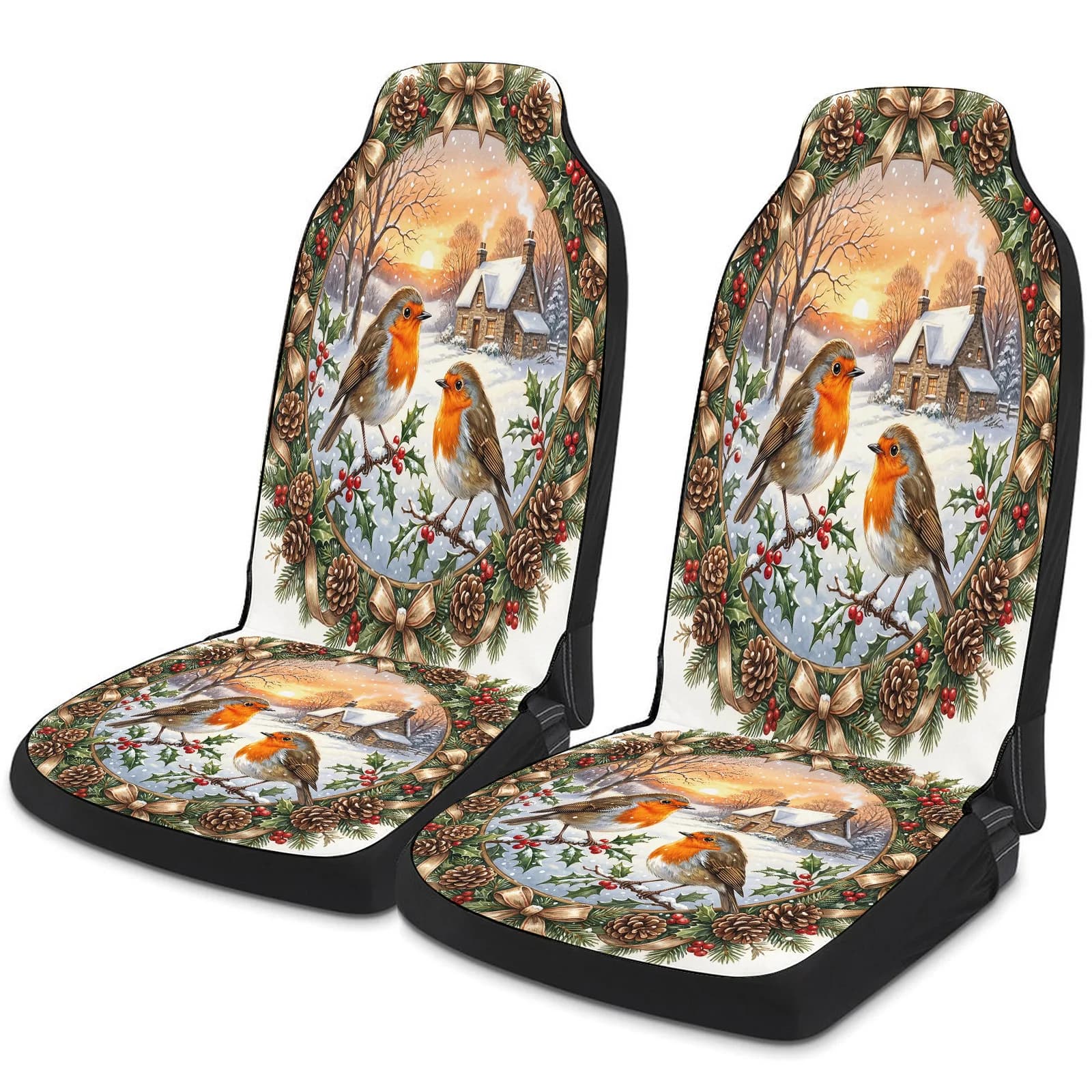 Robin Wreath Themed Car Seat Cover Set For Most Cars Trucks, Trendy Breathable Car Seat Protector Covers Full Set, Universal Car