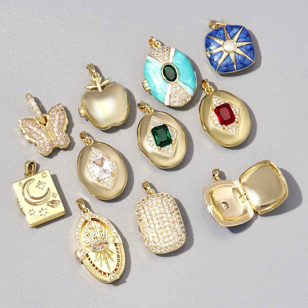 Set of 3 Trendy pendants in Oval shape, Butterfly and Stella, Openable, for Fai-da-Te necklaces, Photo frame with Zirconia, Women's Jewelry