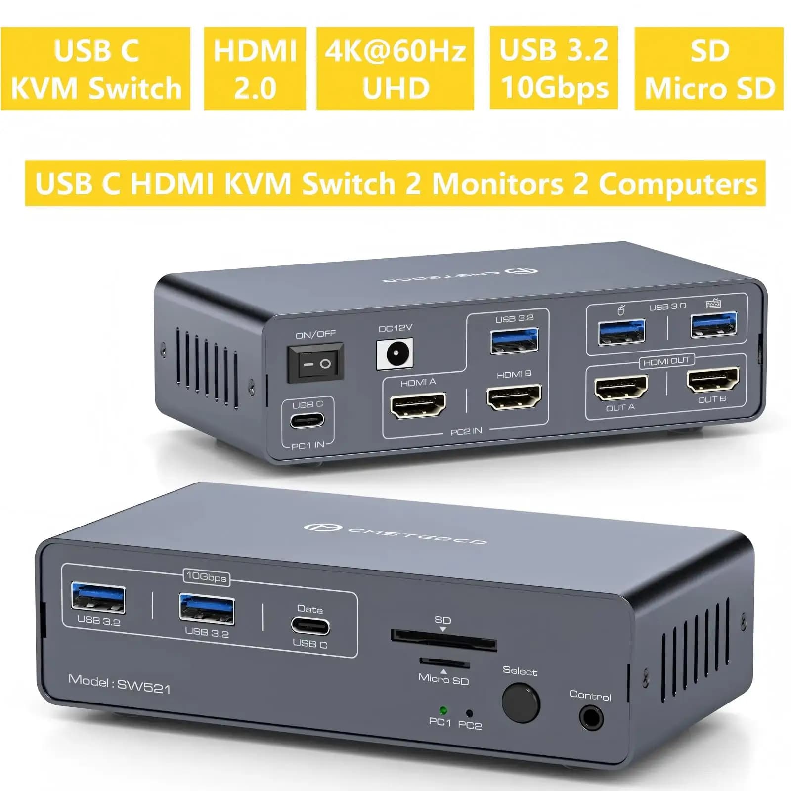 Switch KVM per 2 Monitor e 2 Computer, Docking Station con Ingresso USB C+HDMI/DP, Display 4K@60Hz/120Hz, Monitor Doppio per Laptop e Desktop