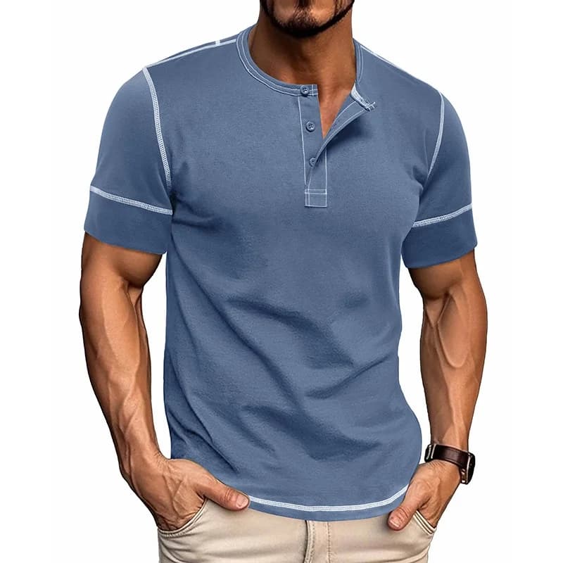 Summer 2025 Men's Muscle Henry T-Shirt Casual Color Block round Neck Short Sleeve Fashion Urban Style Polyester Blend Shirt