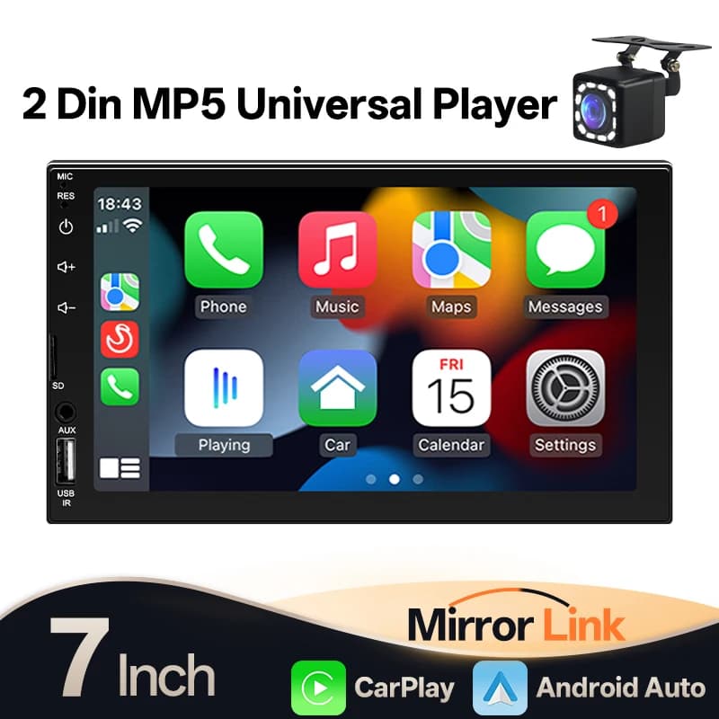 Hippcron 2Din Autoradio Multimedia MP5 Wired Carplay Android Auto 7 "Touch Screen FM Input AUX Support Bluetooth Camera