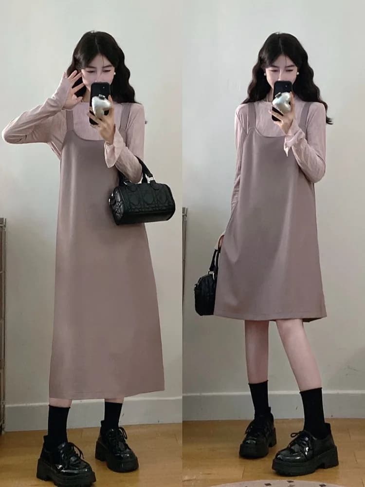 Completo due pezzi da donna taglie forti: camicia a maniche lunghe casual autunnale e gonna drappeggiata alla moda che nasconde la pancia