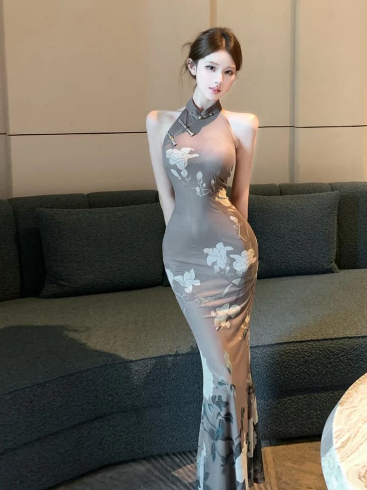 Elegant Chinese Style Vintage Print Sleeveless Neck Hanging Modified Daily Dress Sexy Backless High-End Feeling Dress