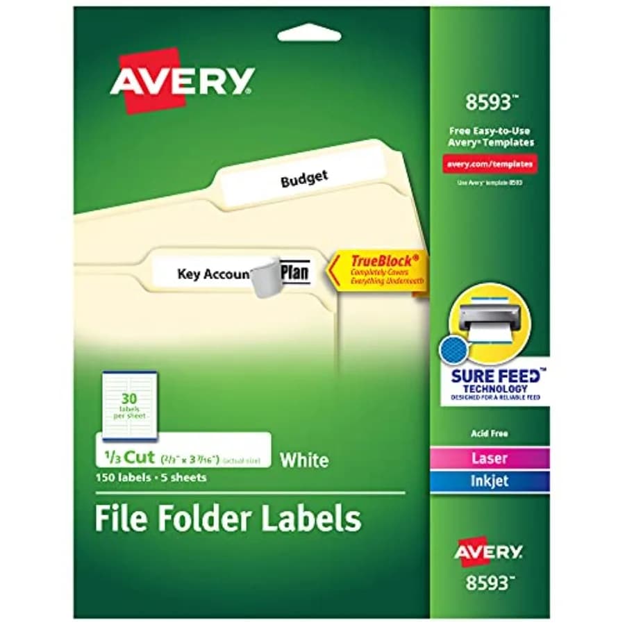 File Folder Labels with TrueBlock Technology, Permanent Adhesive, 2/3" x 3-7/16", Laser/Inkjet, 08593