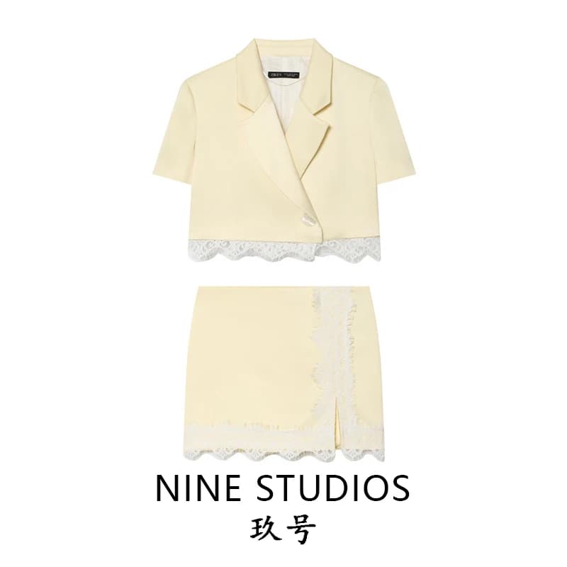 Fashionable Short Lace Suit Jacket And Skirt Set Women's High Waist Short Sleeve Suit with Stand Collar Two Piece Set Summer ...