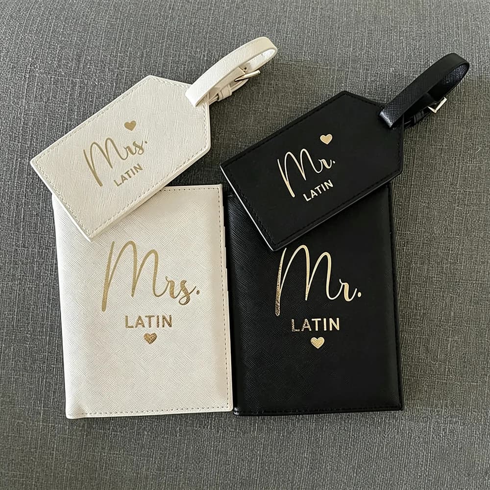 Personalized Passport Holder and Boarding Pass Cover, Custom Mr Mrs Travel Document Wallet, Wedding Honeymoon Couple Passport