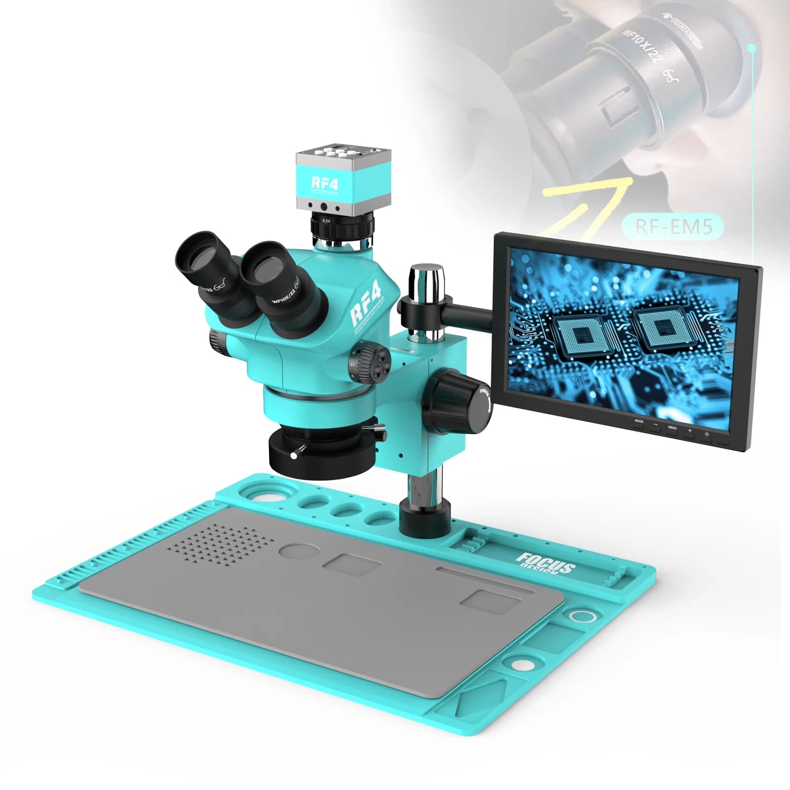 Microscopio Stereo Trinoculare RF4 con Telecamera 1080P 2K, Monitor HD da 10 Pollici, Zoom Ottico Sincronizzato RF7050TVD2-2KC2-S010