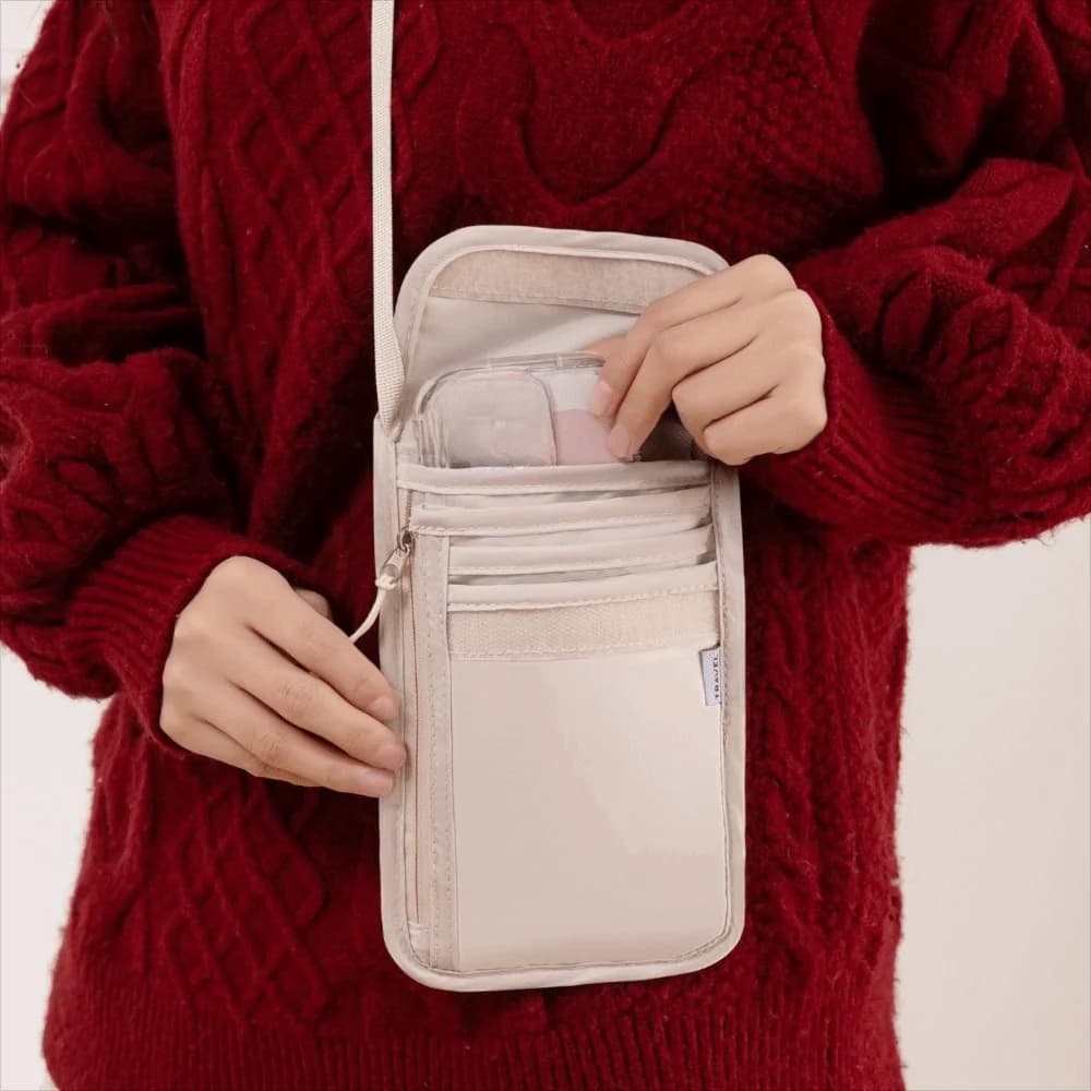 Portadocumenti da Viaggio Impermeabile con Tracolla Regolabile, Multi-Tasche, Cerniera Scorrevole e Protezione RFID, da Indossare al Collo